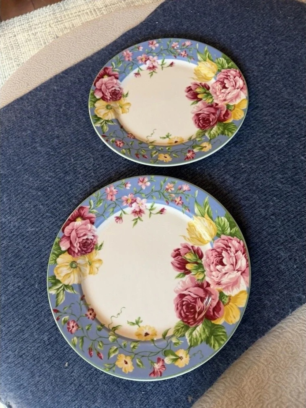 Blue Floral Porcelain Plate Set with Pink and Yellow Roses